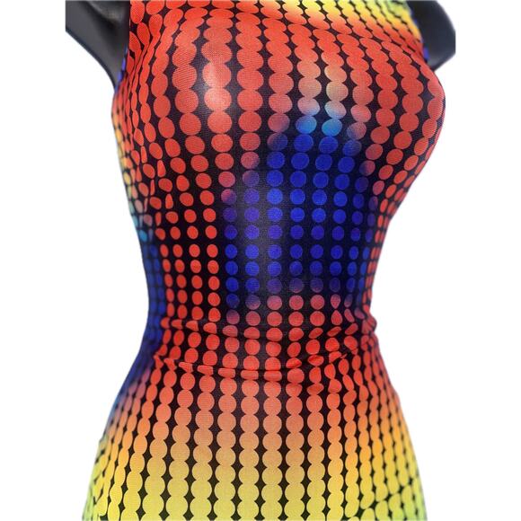 NEW Small Y2k Mesh Rainbow Heatmap 90's Bodycon Mini Dress Sheer Ombre Stretchy - Picture 5 of 6